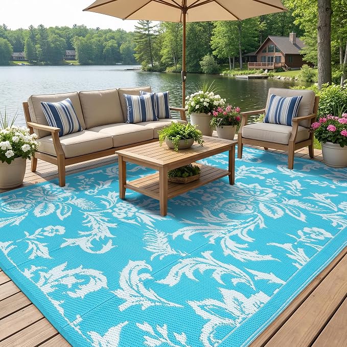 IDEALHOUSE Waterproof Outdoor Rug 9x12 for Patio, Foldable Reversible Area Rug, Large Plastic Straw Mat for Camping, RV, Porch, Backyard, Picnic, Beach, Light Blue & White
