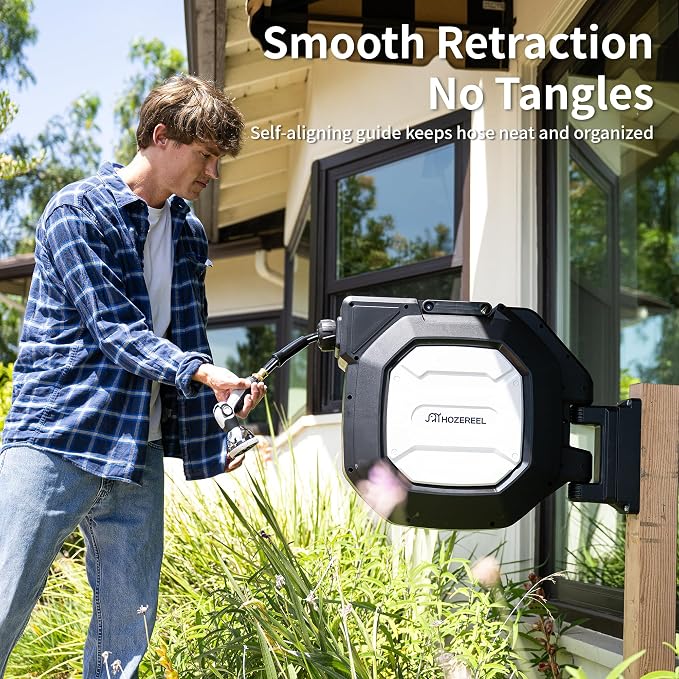 1/2" x 165 FT Retractable Garden Hose Reel,Outdoor Garden Hose Reels - Self Retract Wall Metal Mount Hose Reel Automatic Storage(Black）