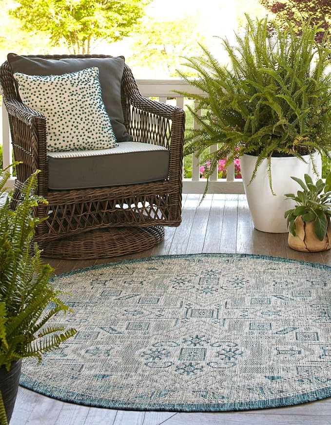 Unique Loom Outdoor Aztec Collection Area Rug - Coba (10' Round, Teal/ Ivory)