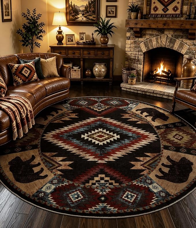 YIHOUSE Southwestern Round Rug 6ft, Low Pile Soft Circle Area Rug with Non-Slip Backing, Western Rustic Washable Rugs for Living Room, Bedroom