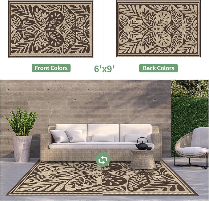 GENIMO Outdoor Rug 6' x 9' Waterproof for Patio Clearance, Reversible Plastic Straw Camping Mat, Lightweight Carpet for Rv, Camper, Deck, Porch, Picnic, Balcony, Beach,Khaki Coffee & Beige