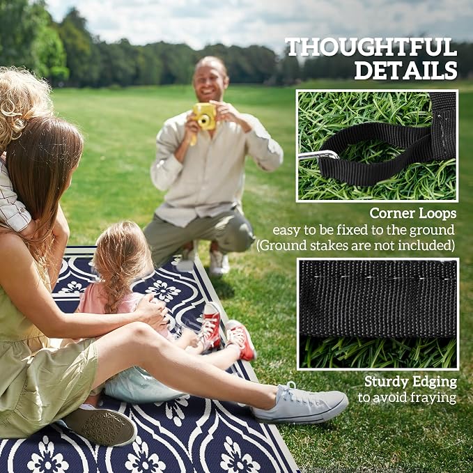 Outsunny Outdoor Rug for Patio, 8' x 10' Waterproof Large Mat, Reversible Plastic Straw Rug for Decor, Portable Outside RV Camping Area Carpet Mat for Backyard Porch Deck Picnic, Blue & White Gourd