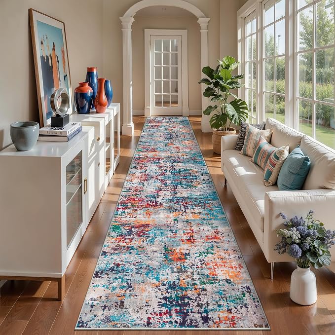 Tangsoo Abstract 2.6x10 Washable Runner Rug for Hallway,Runner Rug Non Slip | Modern Soft Low Pile Long Hallway Rug Runner, Contemporary Carpet Runners for Kitchen Bedroom Living Room Gray Multi Decor