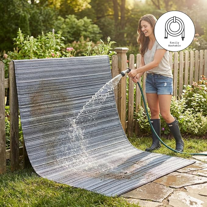 Fab Habitat Outdoor Rug - Waterproof, Fade Resistant, Crease-Free - Premium Recycled Plastic - Striped - Porch, Deck, Balcony, Mudroom, Laundry Room, Patio - Cancun - Midnight - 3 x 5 ft
