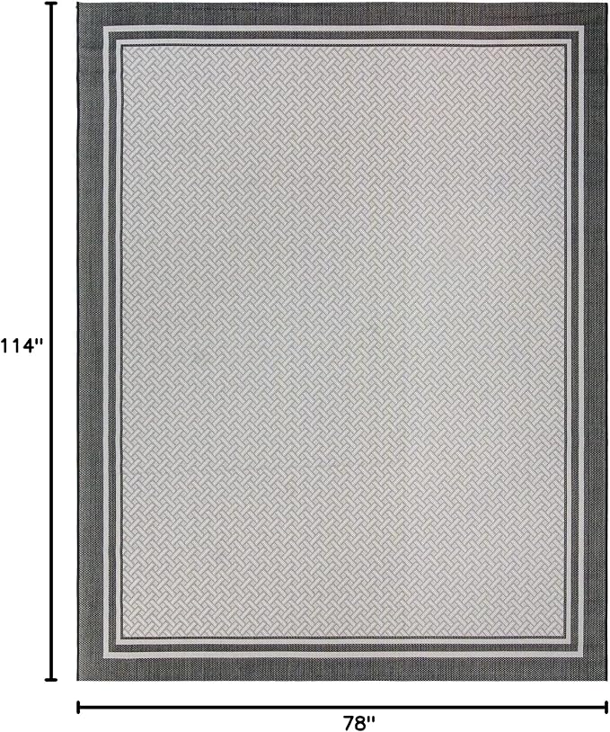 Gertmenian Indoor/Outdoor Flatweave Area Rug - 8x10 Large, Stain & UV Resistant, Ideal For Deck, Patio, Poolside, Mudroom - Border, White & Black, 23018