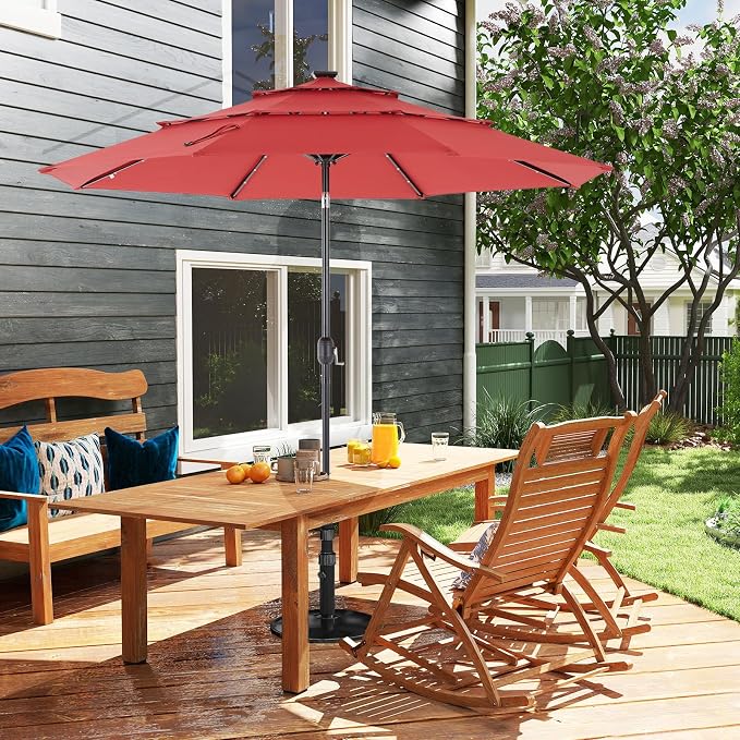 DUMOS Outdoor Solar Patio Umbrella 3 Tiers with 32 LED Lights, Beach Market Table Umbrella with Crank and 8 Sturdy Ribs for Pool, Terrace, Restaurant