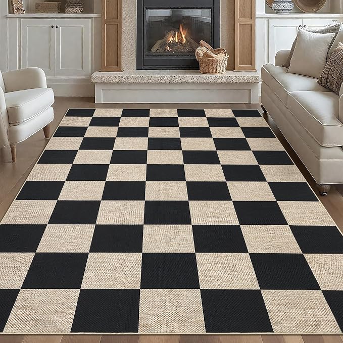 GarveeHome 9x12 Checkered Easy Jute Rugs for Bedroom Machine Washable Large Rugs Non-Slip Backing Modern Neutral Stain Resistance Carpets for Farmhouse Patio Dining Room Backyard Black