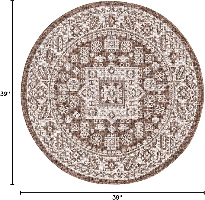 Unique Loom Outdoor Aztec Collection Area Rug - Chalca (3' 3" Round, Brown/ Ivory)