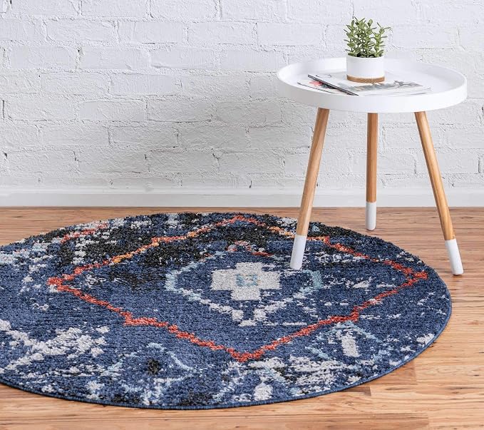 Unique Loom Morocco Collection Tribal, Southwestern, Bohemian Area Rug (4' 0 x 4' 0 Round, Navy Blue/Gray)