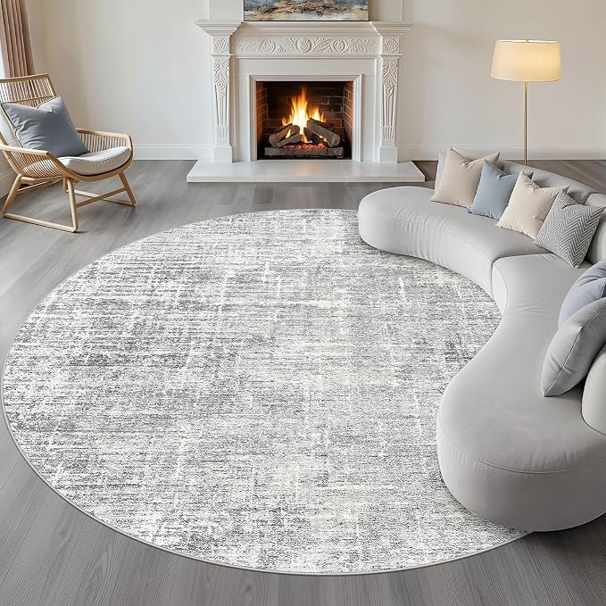 LOONGRUG Round Rug 10x10 Washable Neutral Modern Rug for Living Room Grey | Circle Large Abstract Soft Stain Resistant Indoor Non-Slip Carpet for Bedroom Nursery Kids Office Playroom Dining Room