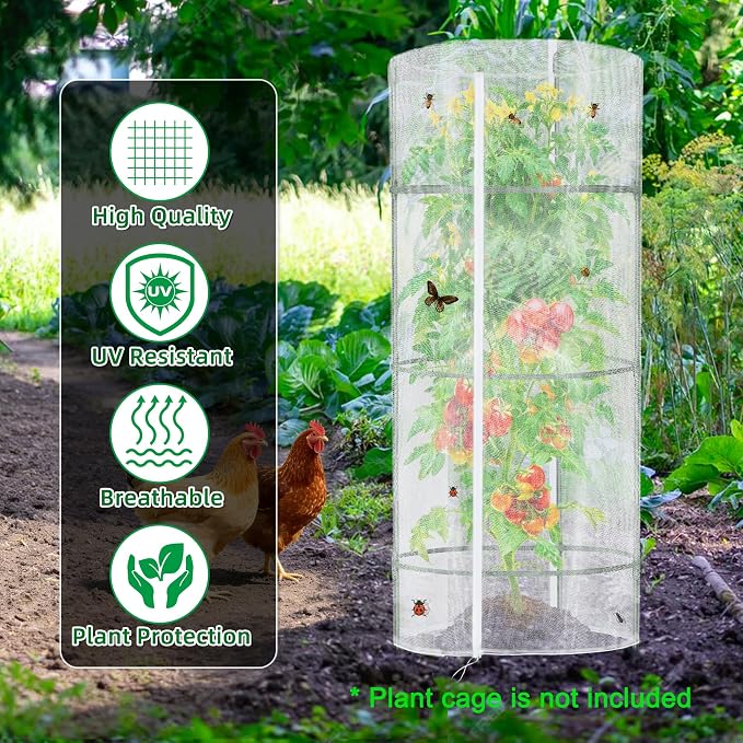 3PCS Garden Netting for Tomato Plants, 57" x 15.7" Round Tomato Cage Bird Netting Plant Cover Insect Barrier Mesh with Zipper, Tomato Trellis Garden Protection Net Cover for Climbing Plants Vegetables