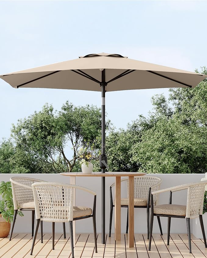 GarveeLife 7.5 ft Outdoor Patio Umbrella, Outdoor Table Umbrella, Market Umbrella with Push Button Tilt and Crank, 6 Sturdy Ribs UV Protection Waterproof for Garden, Deck, Backyard, Pool (Tan)
