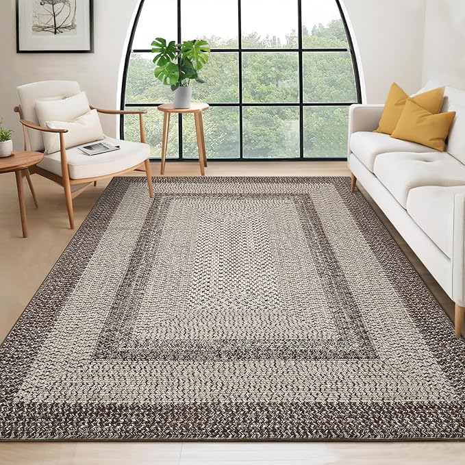 RUGSREAL 9x12 Living Room Rug Large Bedroom Washable Rug Non Slip | Indoor Throw Floor Cover Farmhouse Rustic Area Rug Modern Geometric Border Carpet for Bedroom Home Decor, Mocha