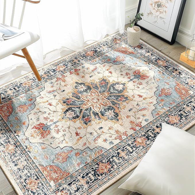 RELEANY Washable Area Rug, 3'x4', Beige/Blue/Orange | Non-Slip, Water Repellent, Pet Friendly, Easy to Clean, Vintage Floral Boho Decor for Living Room Bedroom Beside Kitchen