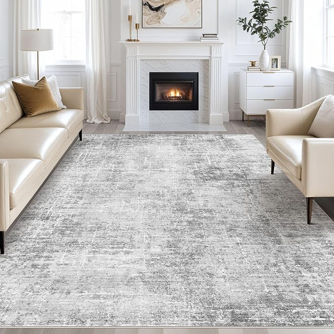 kakania Abstract 10x12 Area Rugs for Living Room: Washable Rugs Grey White | Soft, Non-Slip, Low-Pile, Pet & Kid Friendly - Large Modern Home Decor Carpet for Bedroom/Dining Room/Office/Nursery