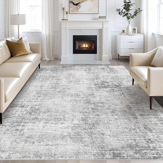 kakania Abstract 10x12 Area Rugs for Living Room: Washable Rugs Grey White | Soft, Non-Slip, Low-Pile, Pet & Kid Friendly - Large Modern Home Decor Carpet for Bedroom/Dining Room/Office/Nursery