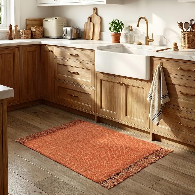 Fall Bathroom Rug 2' x 3', Small Boho Farmhouse Kitchen Rugs | Hand-Woven Washable Entryway Rugs, Reversible Low Profile Front Door Mat, Terracotta Fall Carpet for Porch Back Bedroom Decor