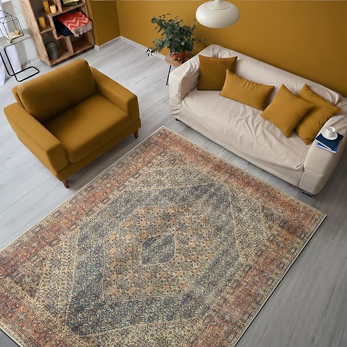 Keen Home Design Vintage Washable Area Rug, Non-Slip Low Pile, 5x7 | Machine Washable Cotton Chenille, 0.25In Low Pile, Rubber Non-Slip Back; Living Room, Bedroom, Dining Room, Office