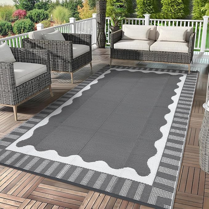 Garvee Large Scalloped Outdoor Rug 8x10 Patio Rugs Outdoor Waterproof, Reversible Plastic Straw Camping Rug, Modern Bordered Outside Mats for Picnic Backyard Deck Balcony Beach Trailer, Grey