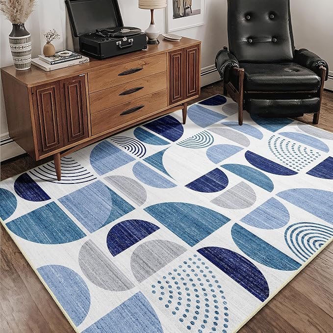 Blue Rug Boho Washable,4x6.5 Area Rugs for Bedroom Entryway Living Room Bedside,Small Throw Floor Carpet Non Slip Soft Indoor Modern Abstract Navy Blue