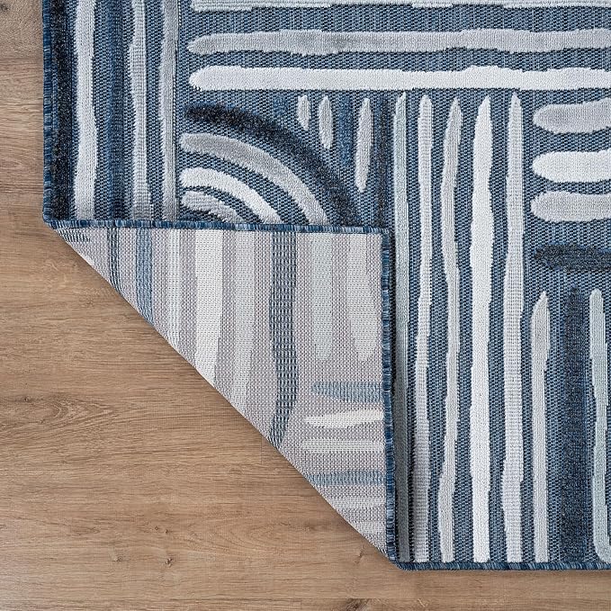 CAMILSON Indoor Outdoor Rug, Navy Blue 8x10 Geometric Arch Striped Area Rugs for Patio and Home Areas, Easy-Cleaning Non-Shedding Living Room, Garden and Deck Washable Outside Carpet (8 x 10)