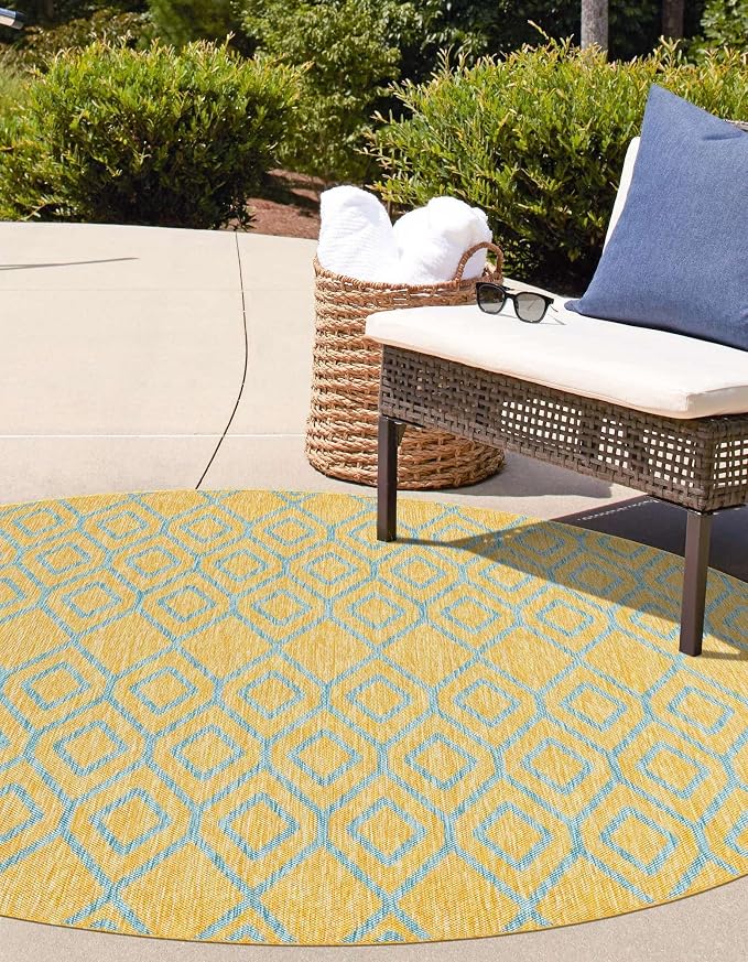 Jill Zarin Outdoor Collection Area Rug - Turks and Caicos (3' 3" Round Yellow and Aqua/Light Blue)