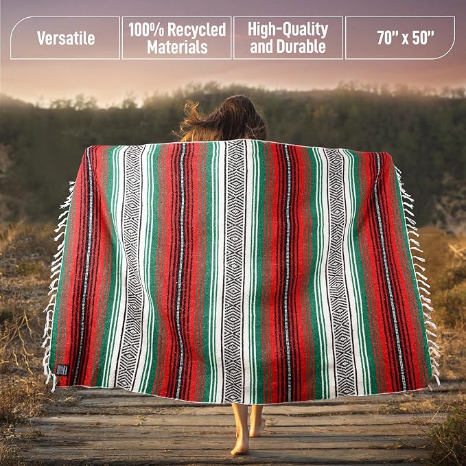 Hydration Nation Authentic Extra Large Mexican Blanket (70"x50") - Handwoven Yoga, Serape- Artisanal Falsa, Beach, Camping, Picnic, Outdoor - Storm Orange
