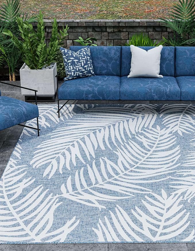 Unique Loom Outdoor Botanical Collection Area Rug - Palm (10' 8" Square, Blue/ Navy Blue)