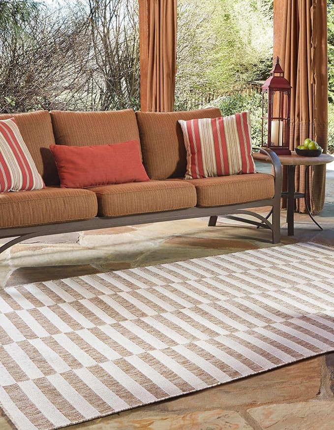 Unique Loom Outdoor Striped Collection Area Rug - Striped (2' x 3' 1" Rectangle Taupe/Ivory)