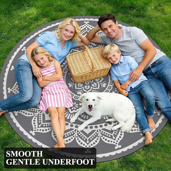 Bsmathom Waterproof Outdoor Rug 6ft Round Reversible Boho Plastic Straw Patio Deck Camping Rugs, Indoor Outdoor Portable RV Mat Carpet for Outside, Porch, Balcony, Backyard, Beach, Pool,Grey