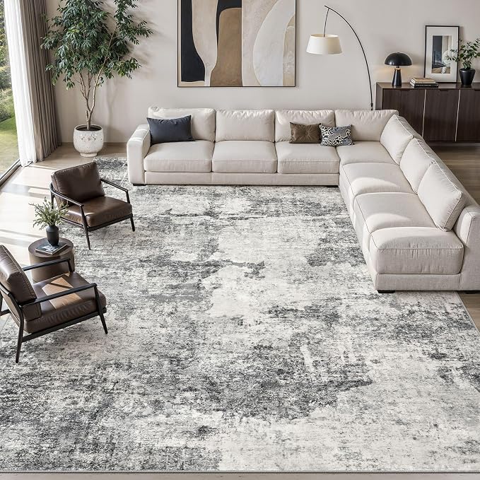 DMOYEST 12x15 Area Rug for Living Room Washable Abstract Indoor Carpet | Neutral Modern Low Pile Rugs Kid & Pet Friendly Large Soft Thin Carpet for Bedroom Dining Room - Grey
