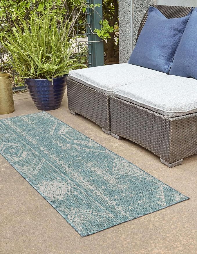 Unique Loom Outdoor Bohemian Collection Area Rug - Anthro (2' x 5' Runner Light Aqua/Ivory)