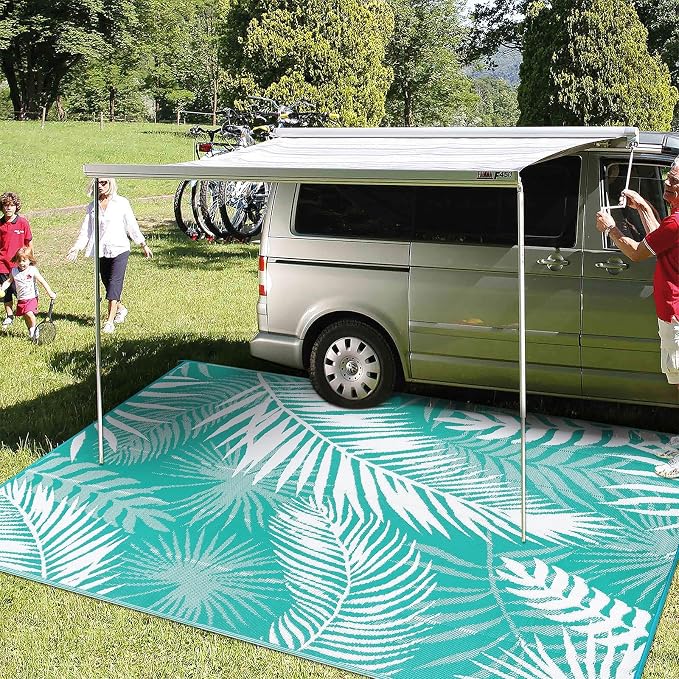 Outdoor Rug for Patios Clearance, 6x9 Waterproof RV Rugs for Outside, Reversible Plastic Straw Mat Large Quick Drying Outdoor Rugs for Deck Trailers Campers Porch Beach Backyard,Teal & White