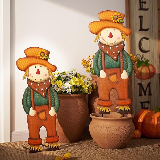 TERESA'S COLLECTIONS Fall Decor for Outdoor Home, Scarecrow for Garden Metal Stakes for Fall Decorations, Autumn Decor for Thanksgiving Decorations, Orange Harvest Yard Signs for Home Lawn Patio, 30"