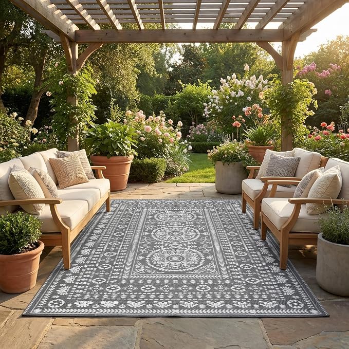 Garvee Reversible Outdoor Rug 9x18 for Patio, Waterproof Outdoor Area Rug, Modern Medallion Indoor Outdoor Rugs, Plastic Straw Rug for RV, Camping, Deck, Vintage Grey