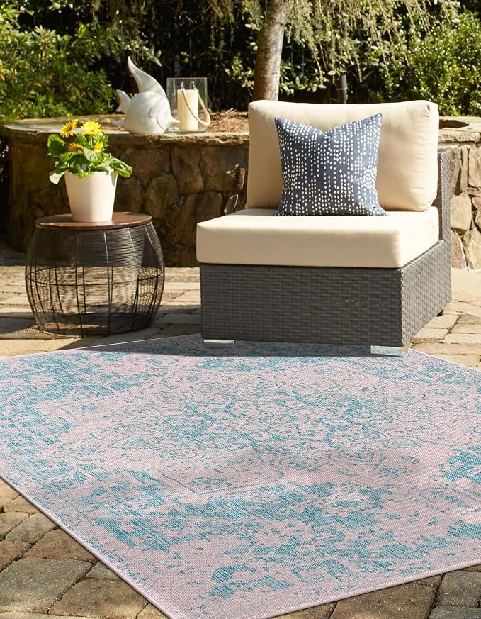 Unique Loom Jill Zarin Jill Zarin Outdoor Collection Area Rug - Dubai (7' 10" x 10' Rectangle, Pink and Aqua/Light Blue)