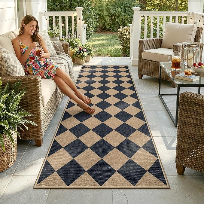 Lahome Checkered Easy Jute Non Slip Kitchen Runner, 2'6"x8' Washable Hallway Runner Rug Outdoor Black Carpet for Entryway Indoor, Checkerboard Indoor Outdoor Carpet for Hallway 8ft Entry