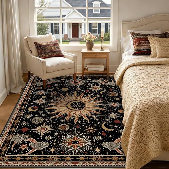 Vacuum-Friendly, 6x9 Washable Area Rug, Black Gold Beige Red | Sun and Moon Boho Gothic Non-Slip Low Pile Living Roon Bedroom Dining Room Kitchen Entry Entryway Entrance Hallway Doormat