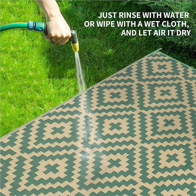 Outdoor Patio Plastic Straw Rug - 8x10 ft Outdoor Camping Rug Waterproof Reversible, Area Carpet Patios RV, Outside Porch Balcony Deck for Camper, Green & Yellow