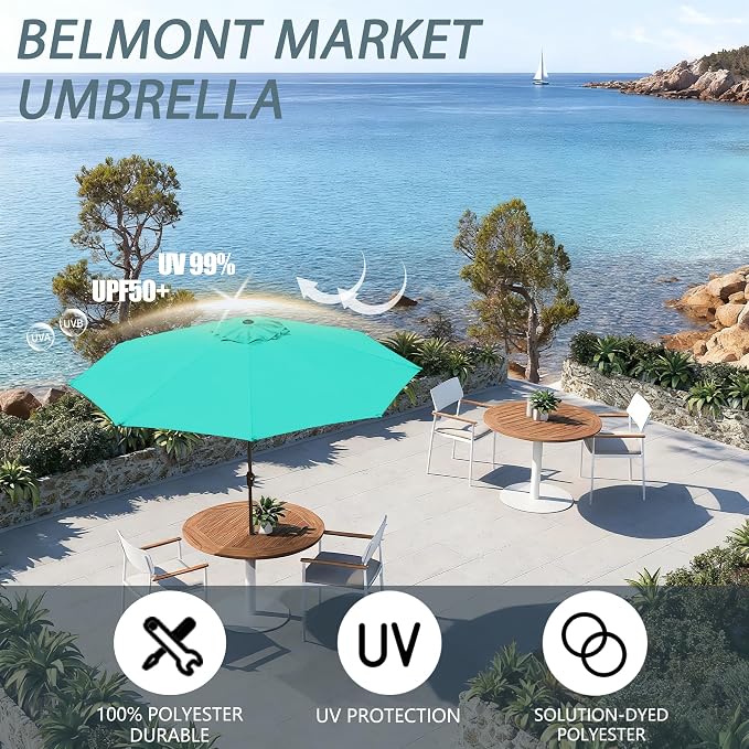 9FT 9FT Outdoor Patio Umbrella Outdoor pool Umbrella with Push Button Tilt and Crank, Market Umbrella 8 Sturdy Ribs UV Protection for Garden, Deck, Backyard (Turquoise)