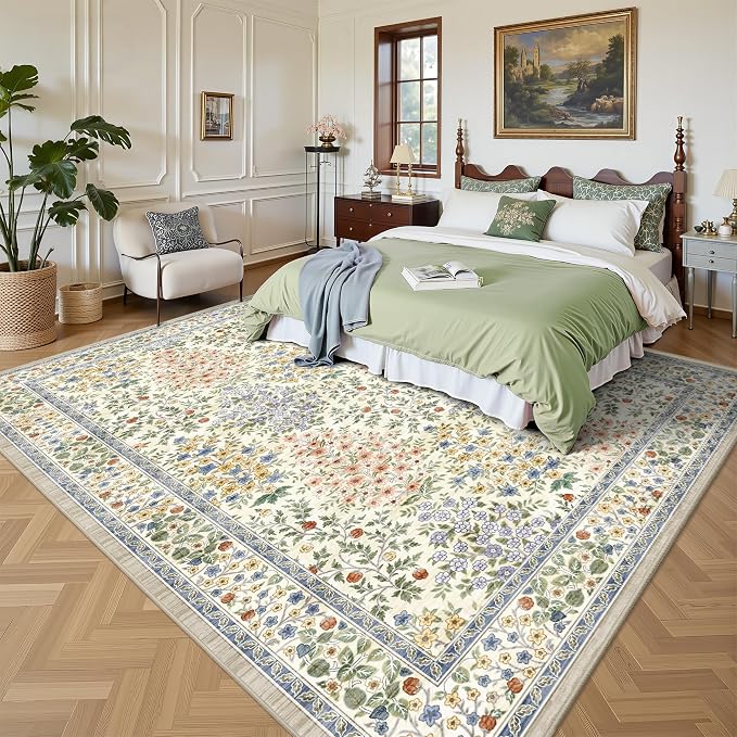 5x7 Area Rugs, Vintage Washable Rug for Bedroom, Indoor Non-Slip Rugs for Living Room, Dining Room, Low Pile Home Decor Floral Rug(Beige Floral)