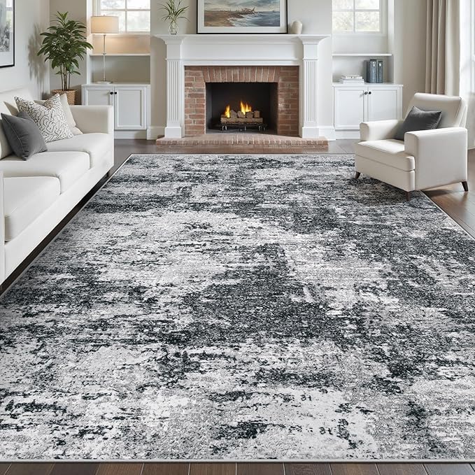 pmtsns Area Rugs 8x10 for Living Room: Washable Rug Modern Abstract Neutral Soft Non-Slip Low-Pile Indoor Large Carpet for Bedroom Dining Room Playroom Home Office (Black Grey, 8'x10')