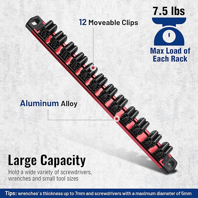WORKPRO Magnetic Screwdriver and Wrench Organizer Set, 36-Slot Tool Holders | 3-Pack Aluminum Rails, Magnetic Force, Flexible High-Tension Tool Clips, For Tool Box Drawer & Wall-Mount Storage