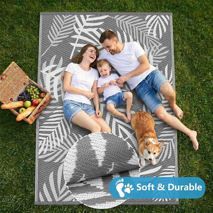 Kohree Outdoor Rug Waterproof 8x10, Reversible Outdoor Plastic Straw Rug with Leaf Pattern, Easy-Cleaning RV Mat Carpet for for Patio, Camping, Balcony, Deck, Backyard, Grey & White