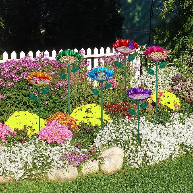LemonRoad 6 Pcs Metal Bird Baths for Outdoors Flower Pattern Bird Bath Feeders with Metal Stake for Garden Yard Lawn Outdoor Decor(Multicolor)