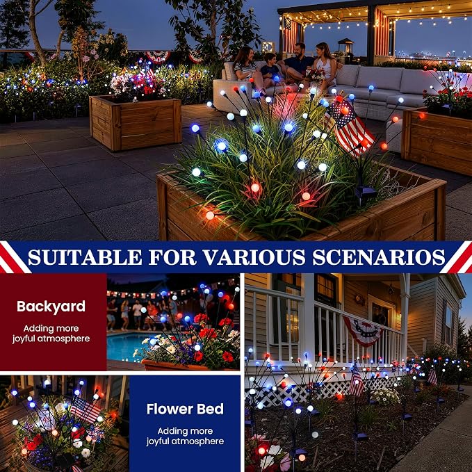 4th of July Outdoor Decorations, Red White Blue Lights Solar Firefly Lights, Patriotic Outdoor Decor for Independence Day, Fourth of July Decor for Garden Yard (4 Pack,Red, White, Blue)