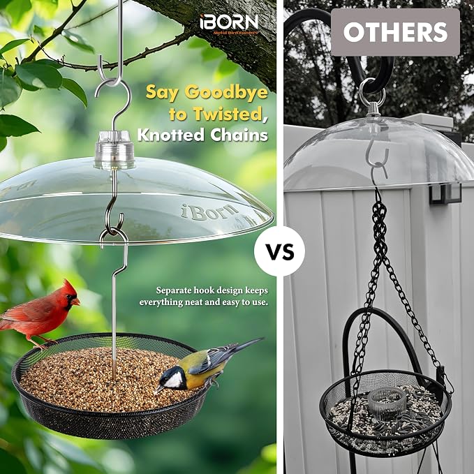 iBorn Hanging Bird Feeder Tray, Metal Mesh Bird Feeder Bowl with Thick Metal Hanger, Sturdy & Durable Bird Feeders for Outdoors, Easy to Refill & Clean, Pack of 1, Black