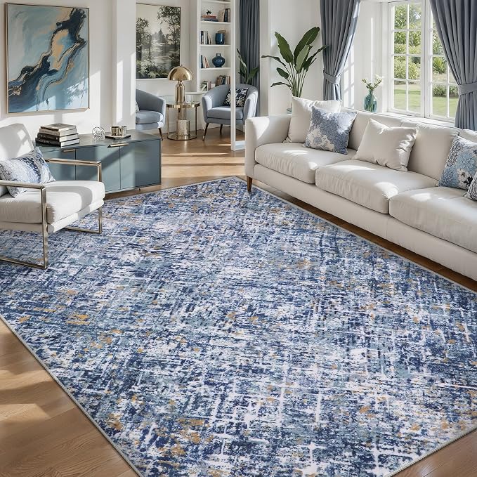 Tangsoo Abstract 4x6 Washable Rug, Modern Non Slip Rugs for Living Room | Contemporary Indoor Carpet, Soft Low Pile Floor 4X6 Area Rugs for Dining Room Bedroom Dorm Bedside Blue White Home Decor