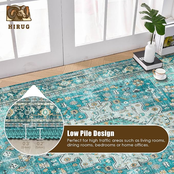 Washable Area Rug 5' x 7' Vintage Traditional Persian Mat - Foldable Distressed Non-Slip Machine Washable Carpet for Living Room Bedroom Kitchen Home Decor - Teal and Gold