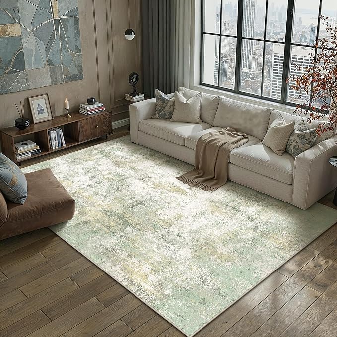 5x7 Green Modern Abstract Washable Area Rug for Living Room | Low Pile, Non Slip, Modern Abstract Style, Soft Indoor Rug for Living Room, Bedroom, Dining Room, Office, Home Decor